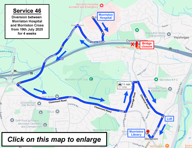 Map showing the diversion of service 46 between Morriston Hospital and Morriston Cross